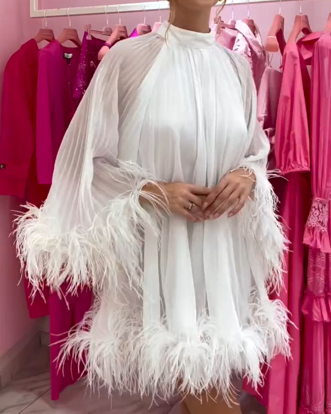 Feather - Trimmed Sheer - Sleeve Mini Dress