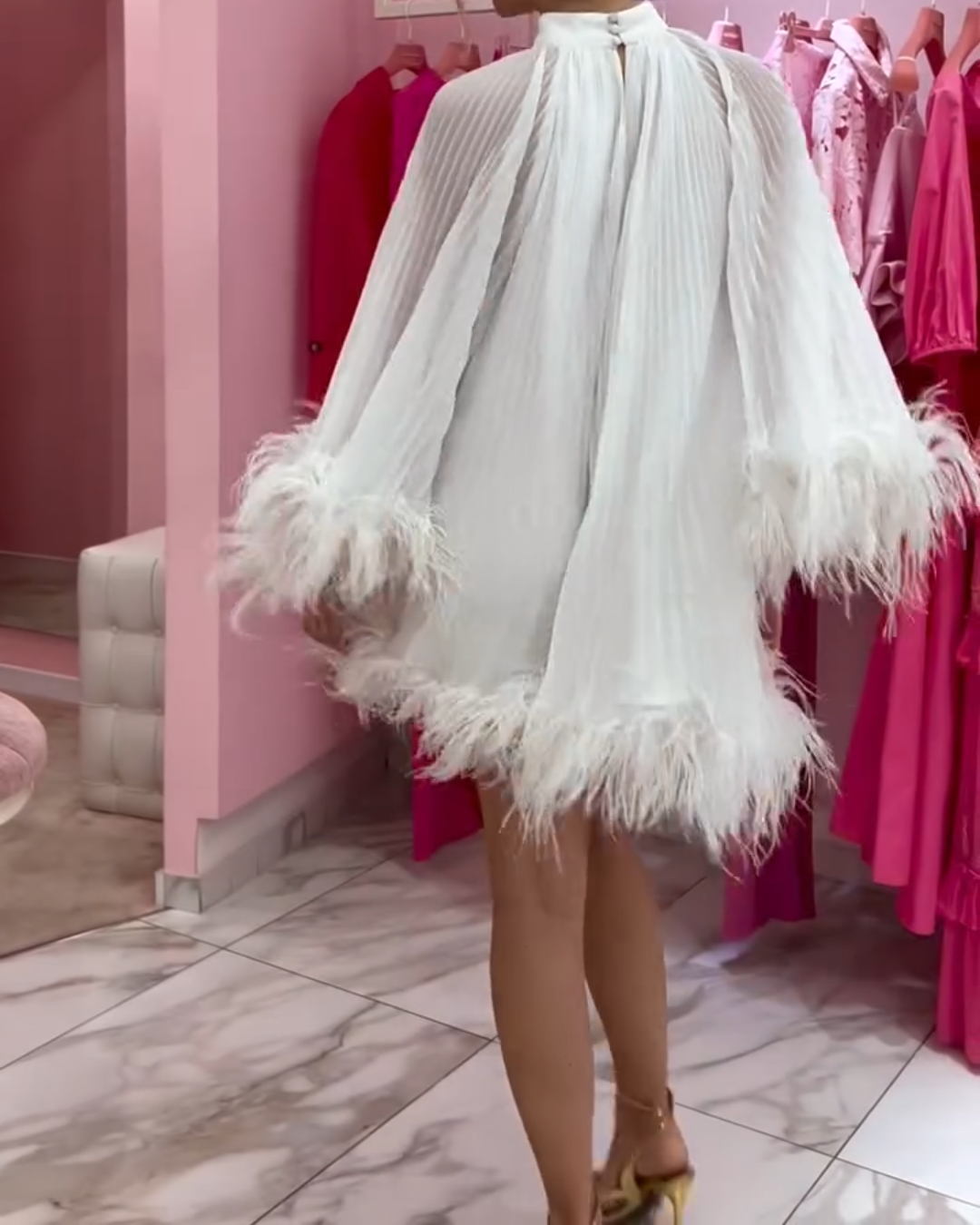 Feather - Trimmed Sheer - Sleeve Mini Dress