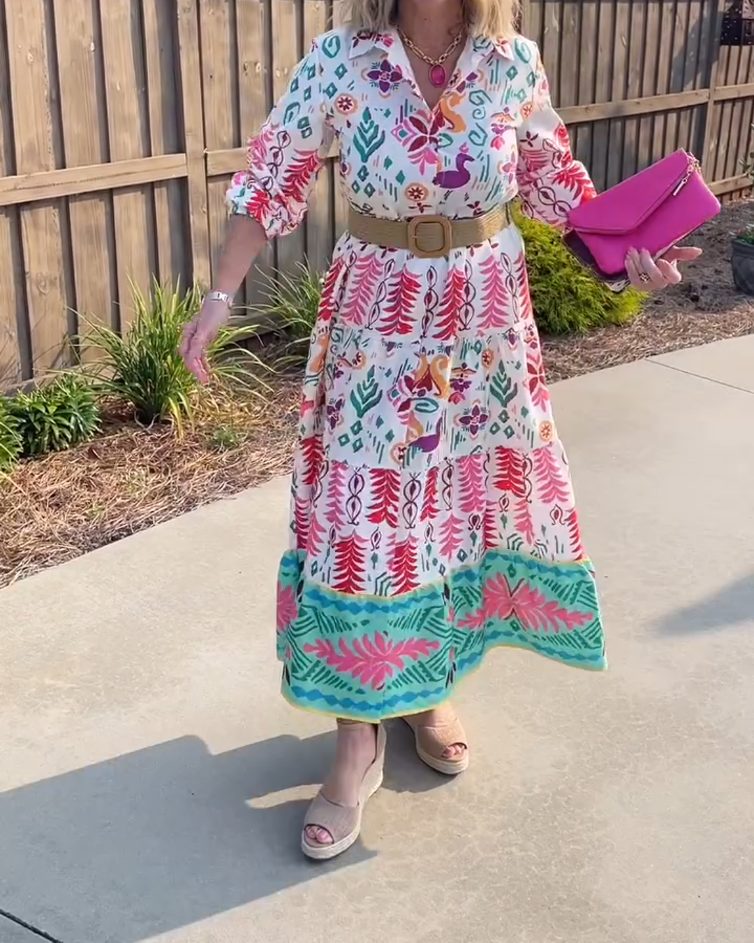 Colorful Printed Belted Shirt Dress