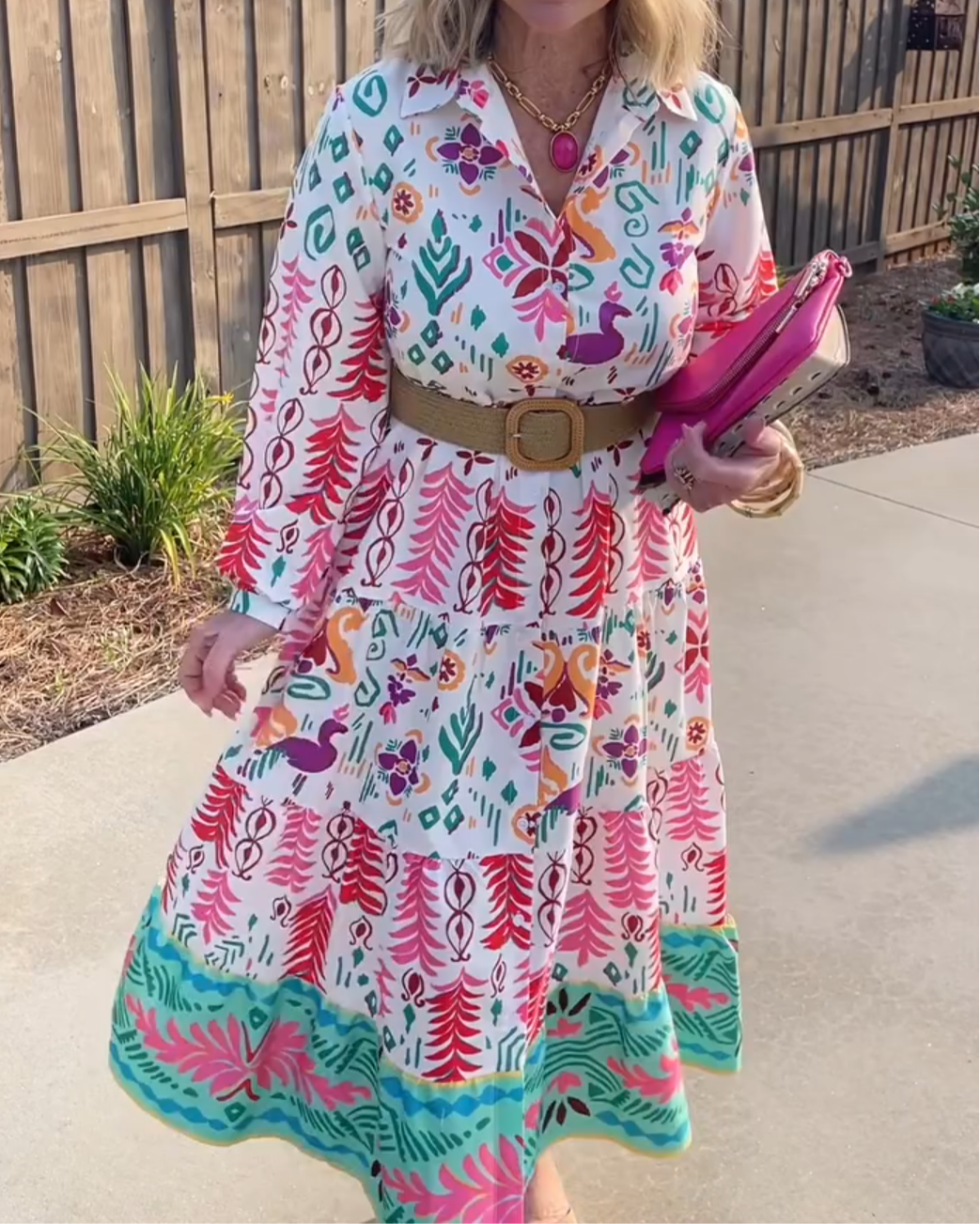 Colorful Printed Belted Shirt Dress