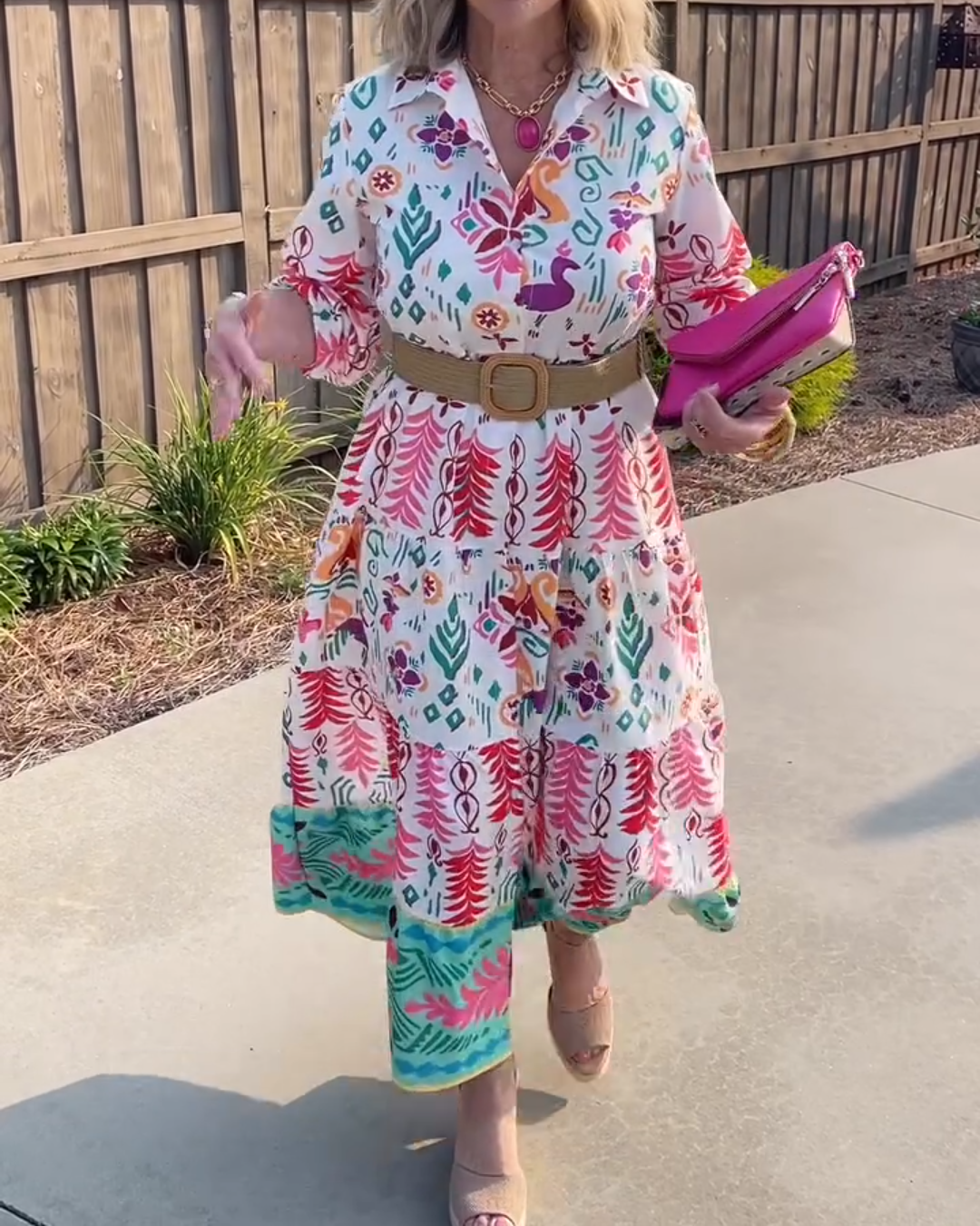 Colorful Printed Belted Shirt Dress