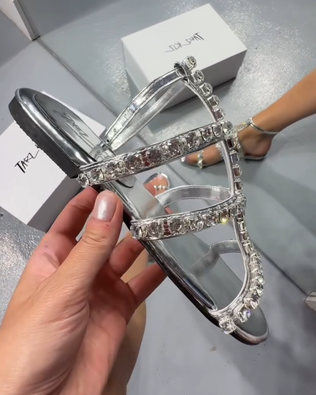 Rhinestone - Embellished Strappy Flat Sandals