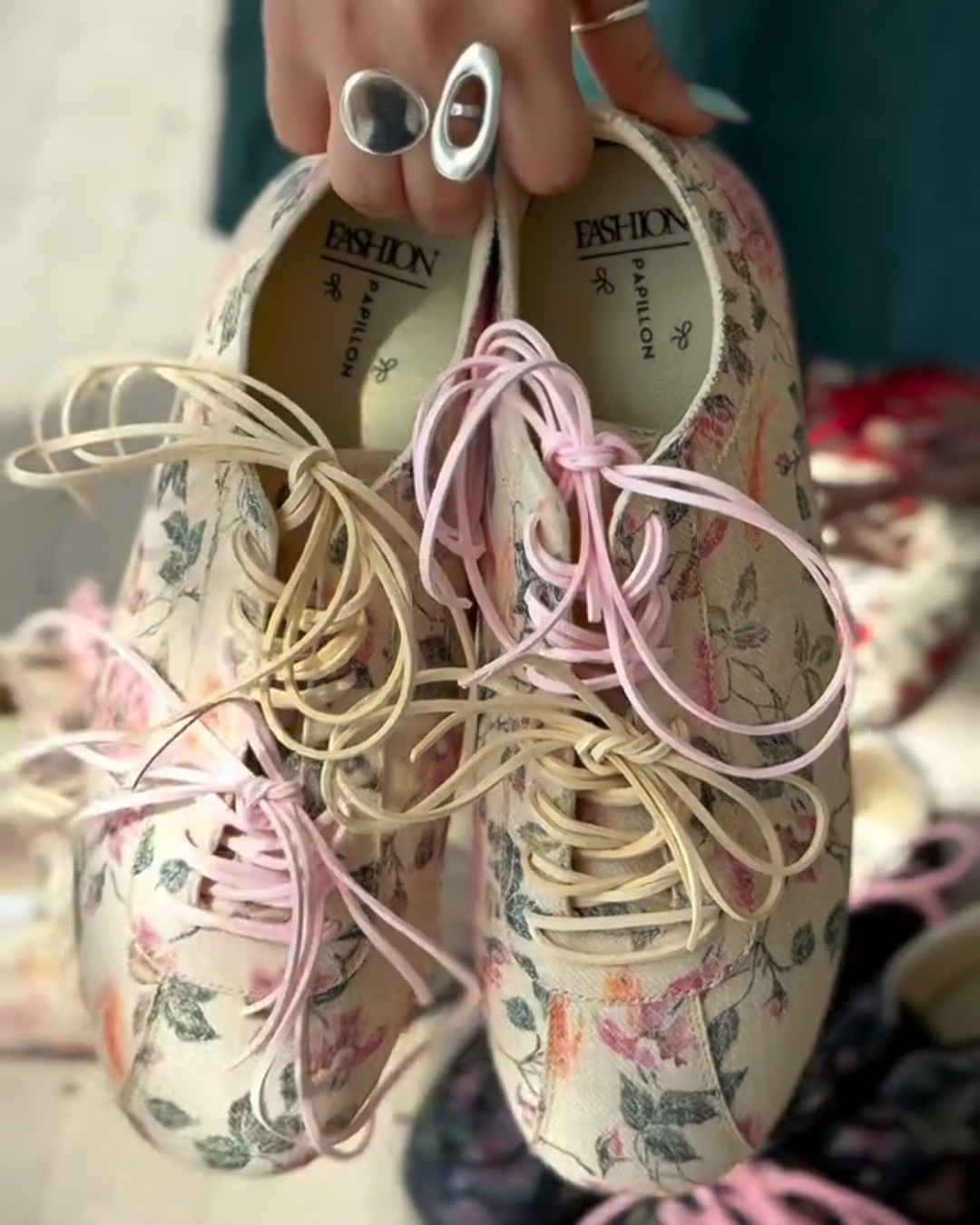 Floral Print Lace - Up Flats