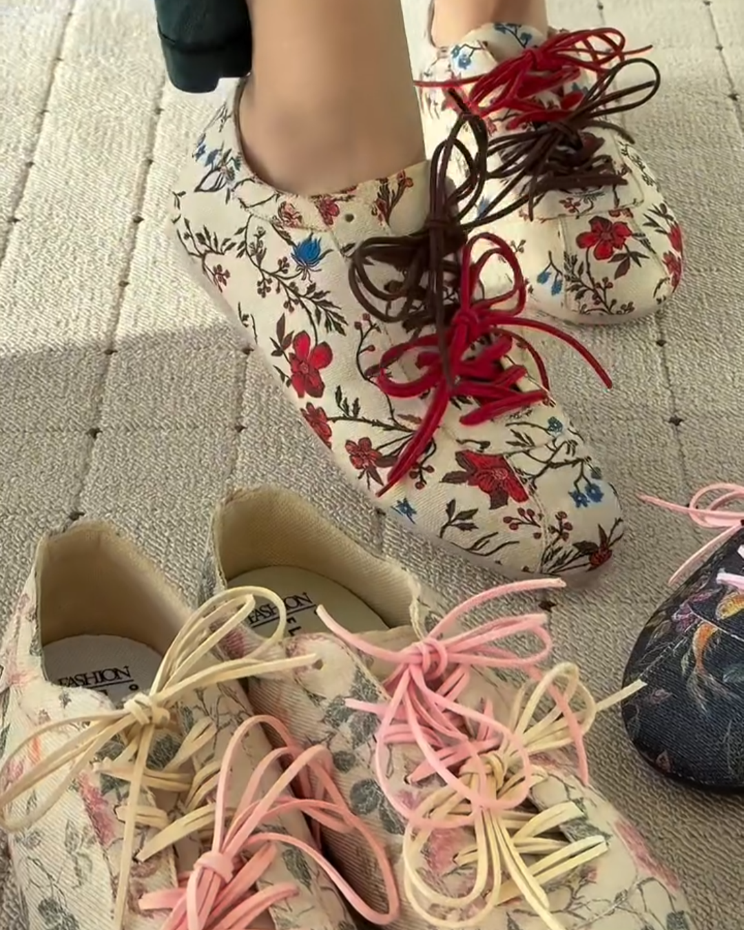 Floral Print Lace - Up Flats