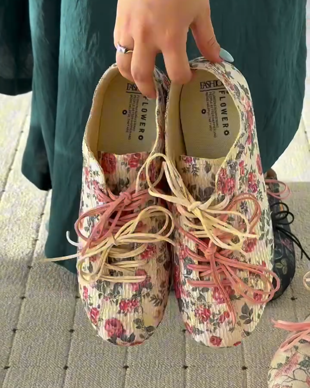 Floral Print Lace - Up Flats