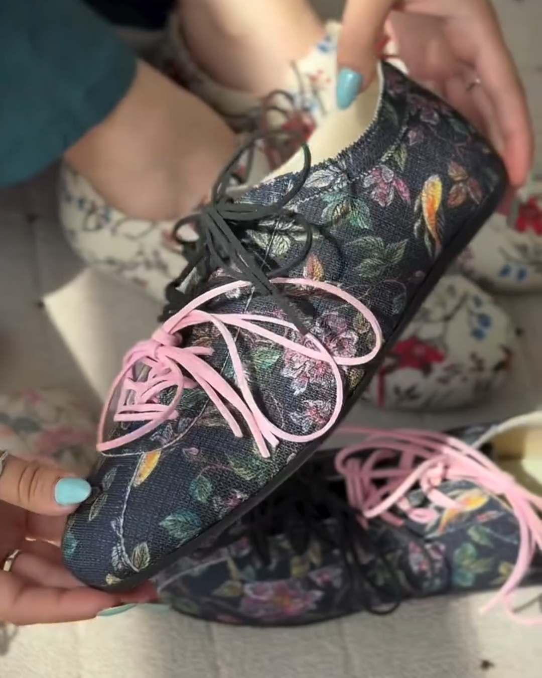 Floral Print Lace - Up Flats