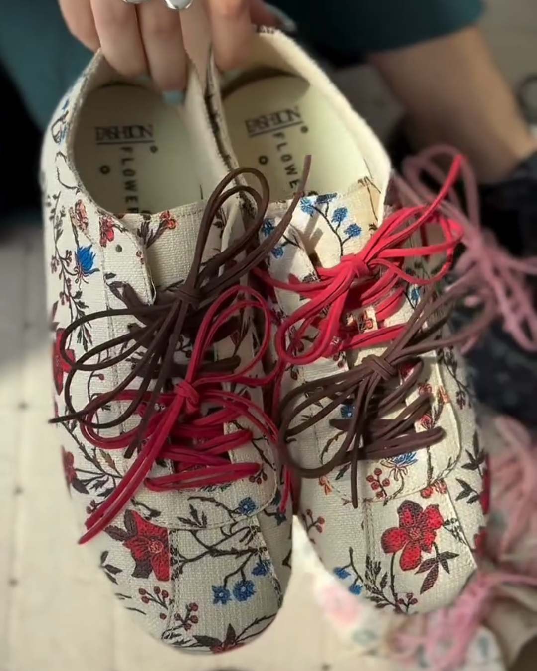 Floral Print Lace - Up Flats