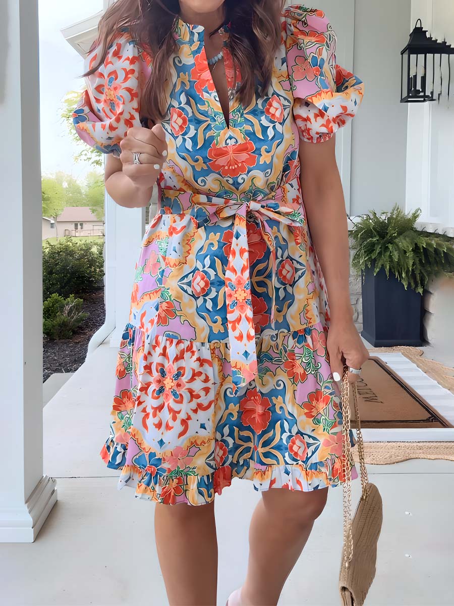 Floral Print V Neck Short Sleeve Tie Waist Dress