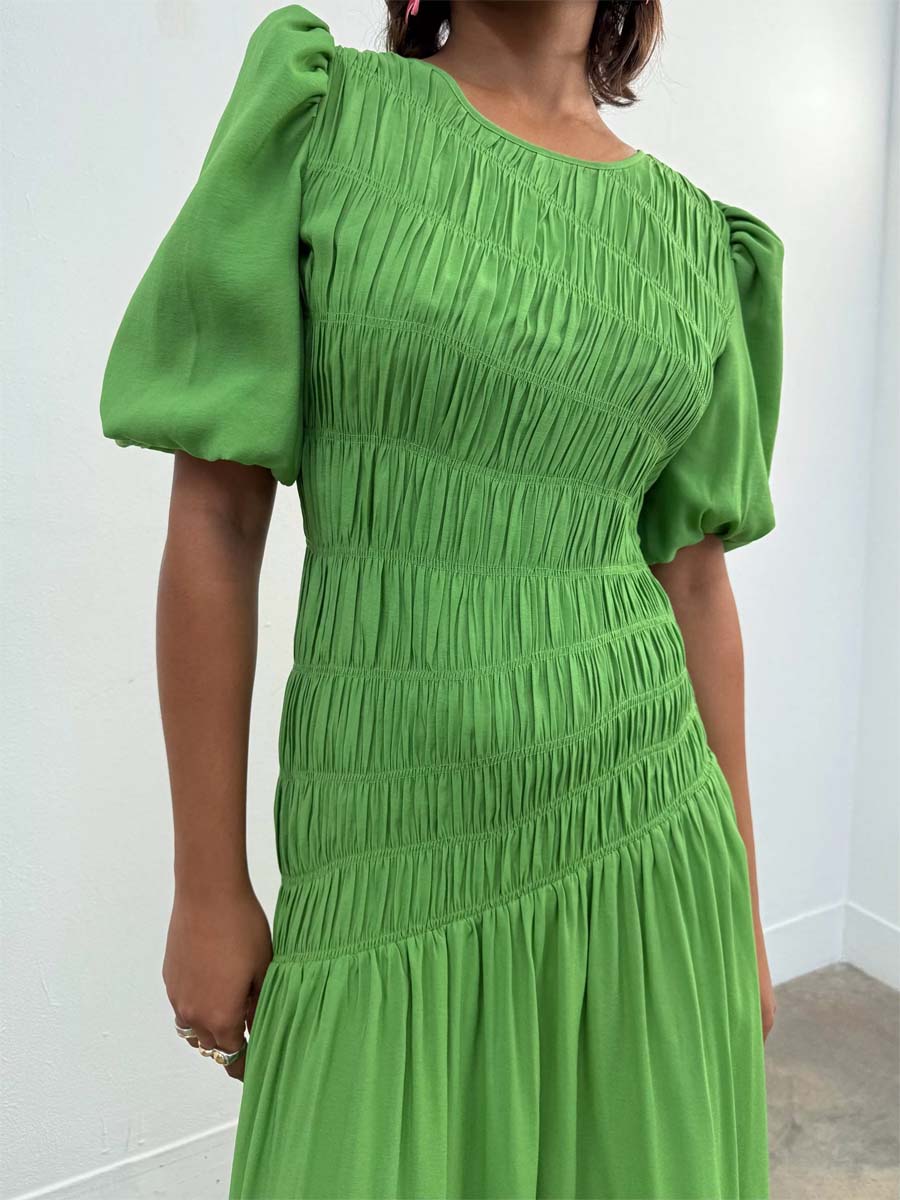 Elastic Shirring Tie Neck Dress