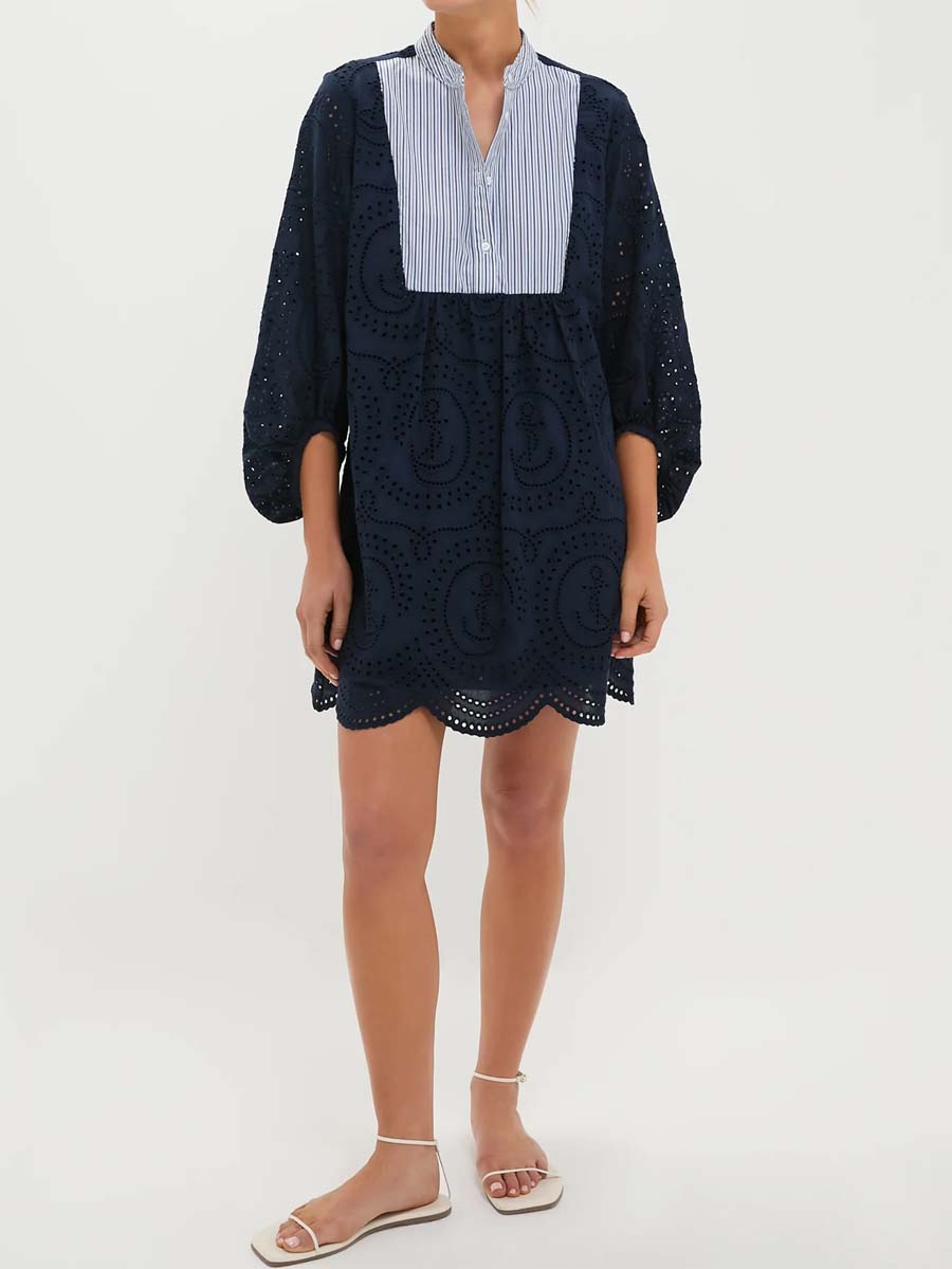 Mock Collar Patchwork Eyelet Mini Dress