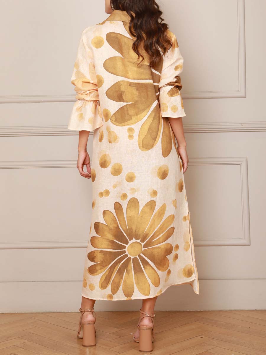 Printed Split Neck Slit Hem Loose Dress