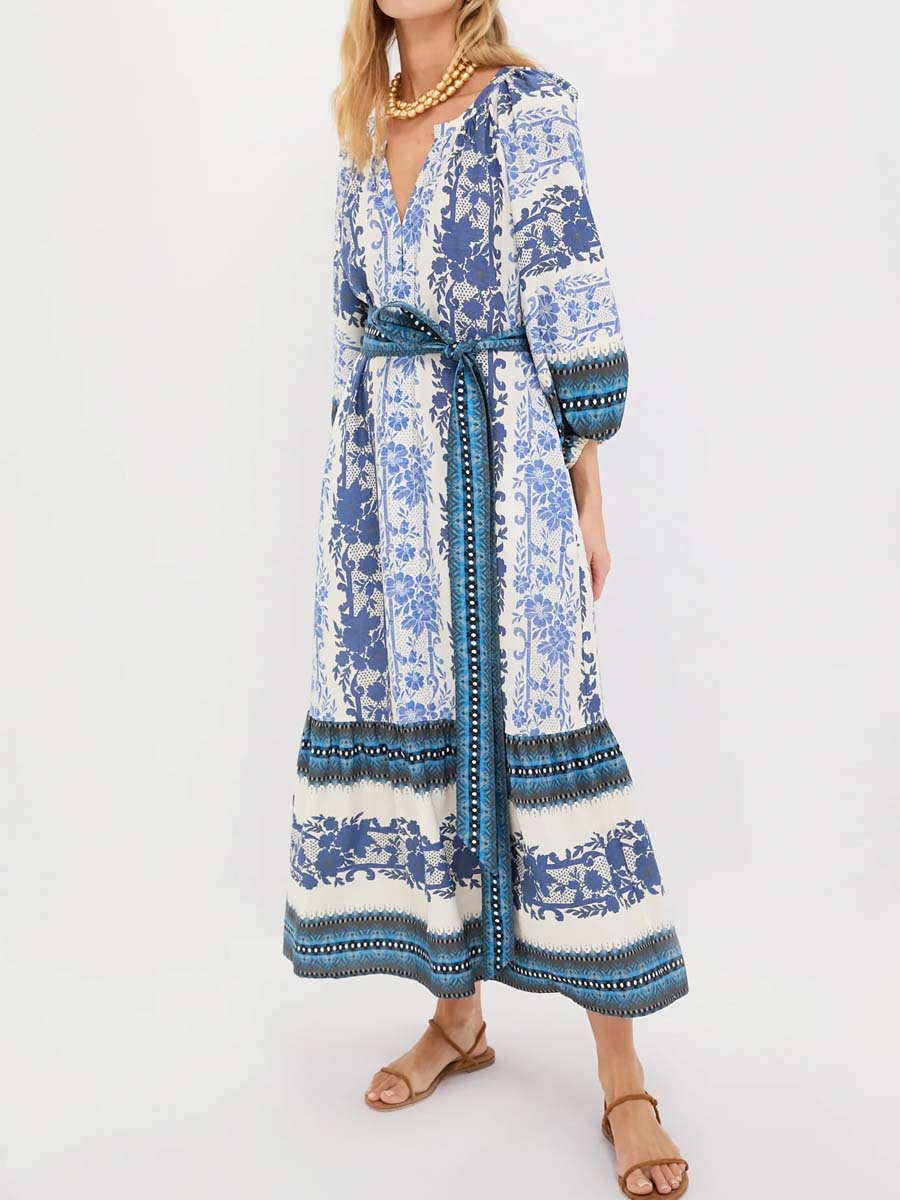 Split Neck Printed Long Slleve Mai Dress