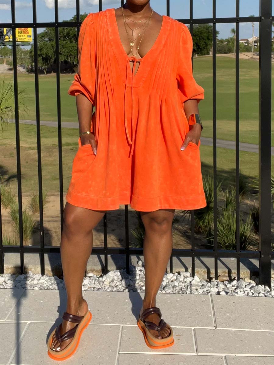 Pockets V Neck Pleated Romper