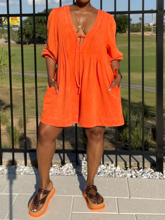 Pockets V Neck Pleated Romper