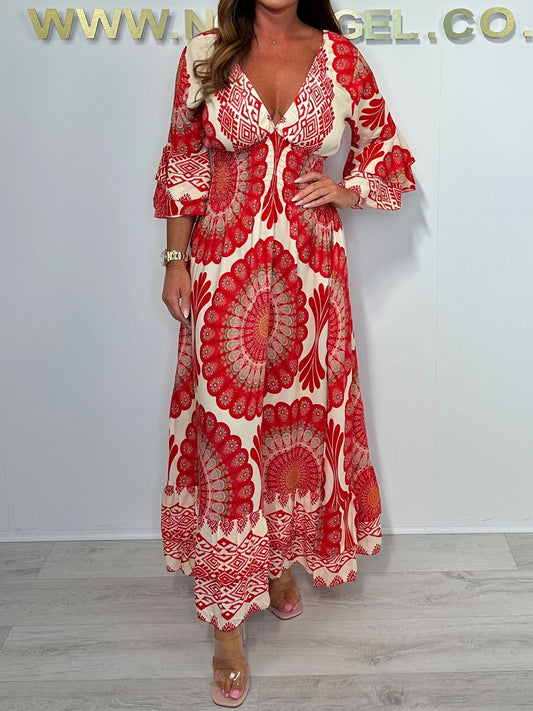 Print V-Neck Smocked Waist Bell Sleeve Dress