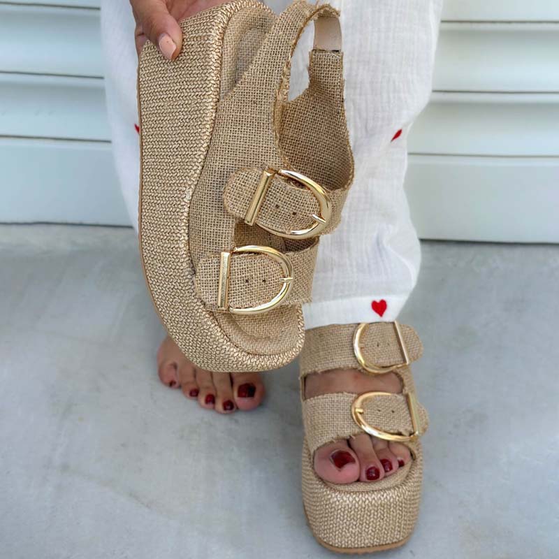 Straw Platform Wedge Sandals