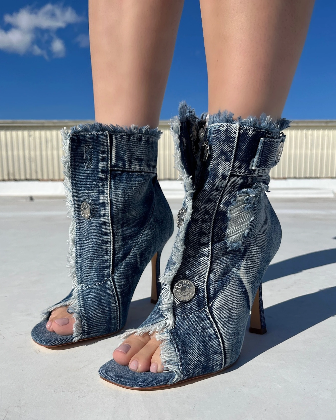 Denim Fringe Peep Toe Stiletto Boots