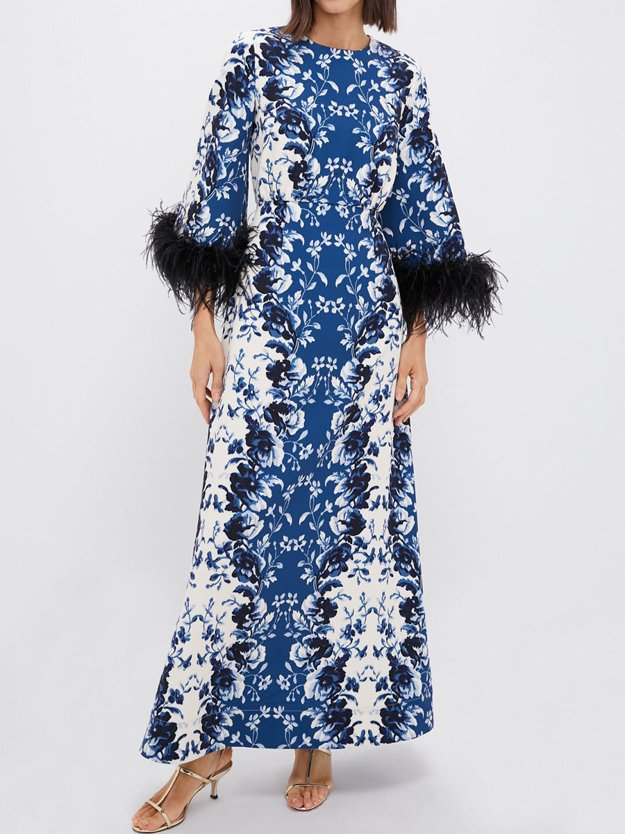 Feather Cuffs Printed Maxi Dress