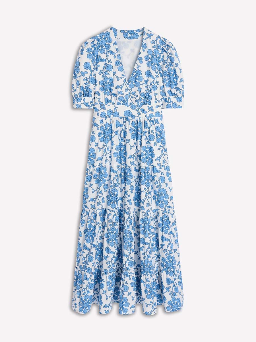 Printed V Neck Puff Sleeve Maxi Dress