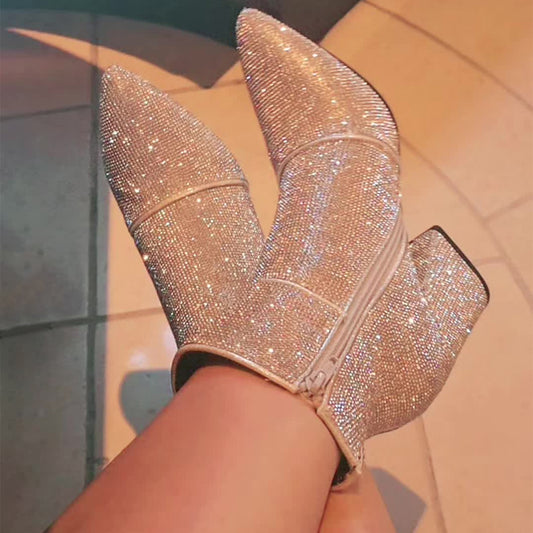 Sparking Rhinestone Chunky Heel Point-Toe Booties