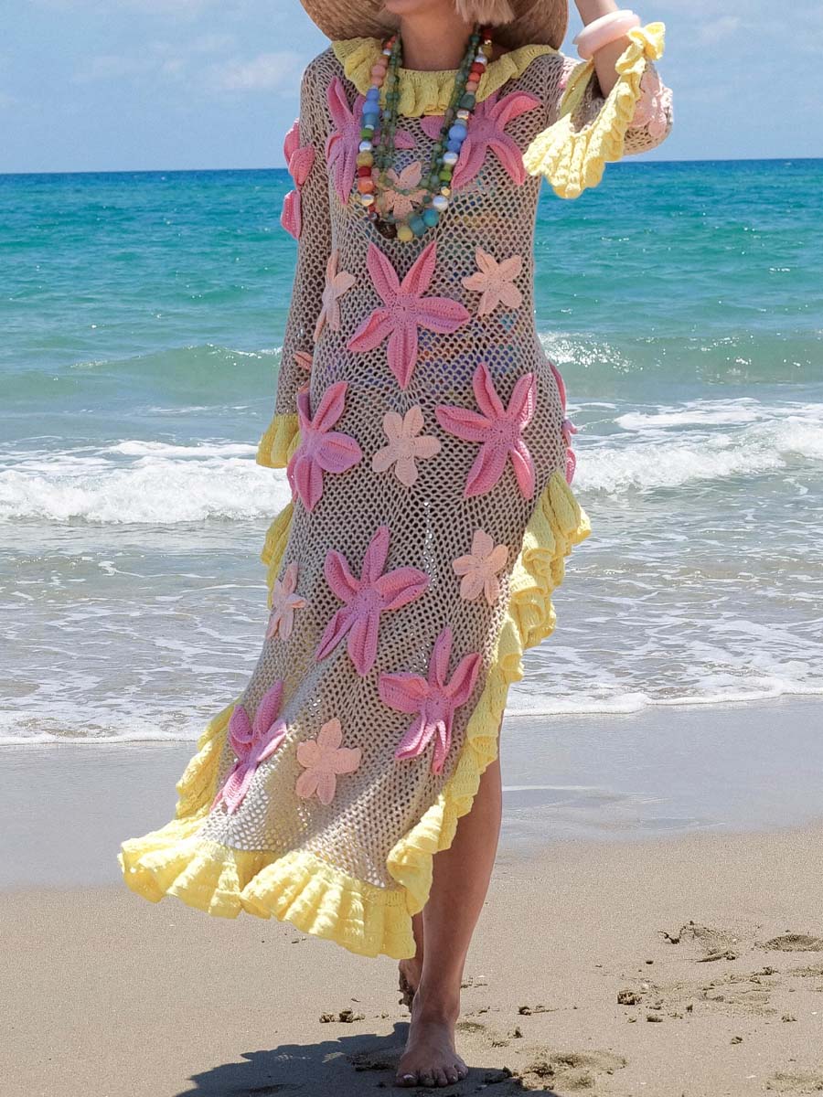 Knitted 3D Flower Slit Hem Beach Dress