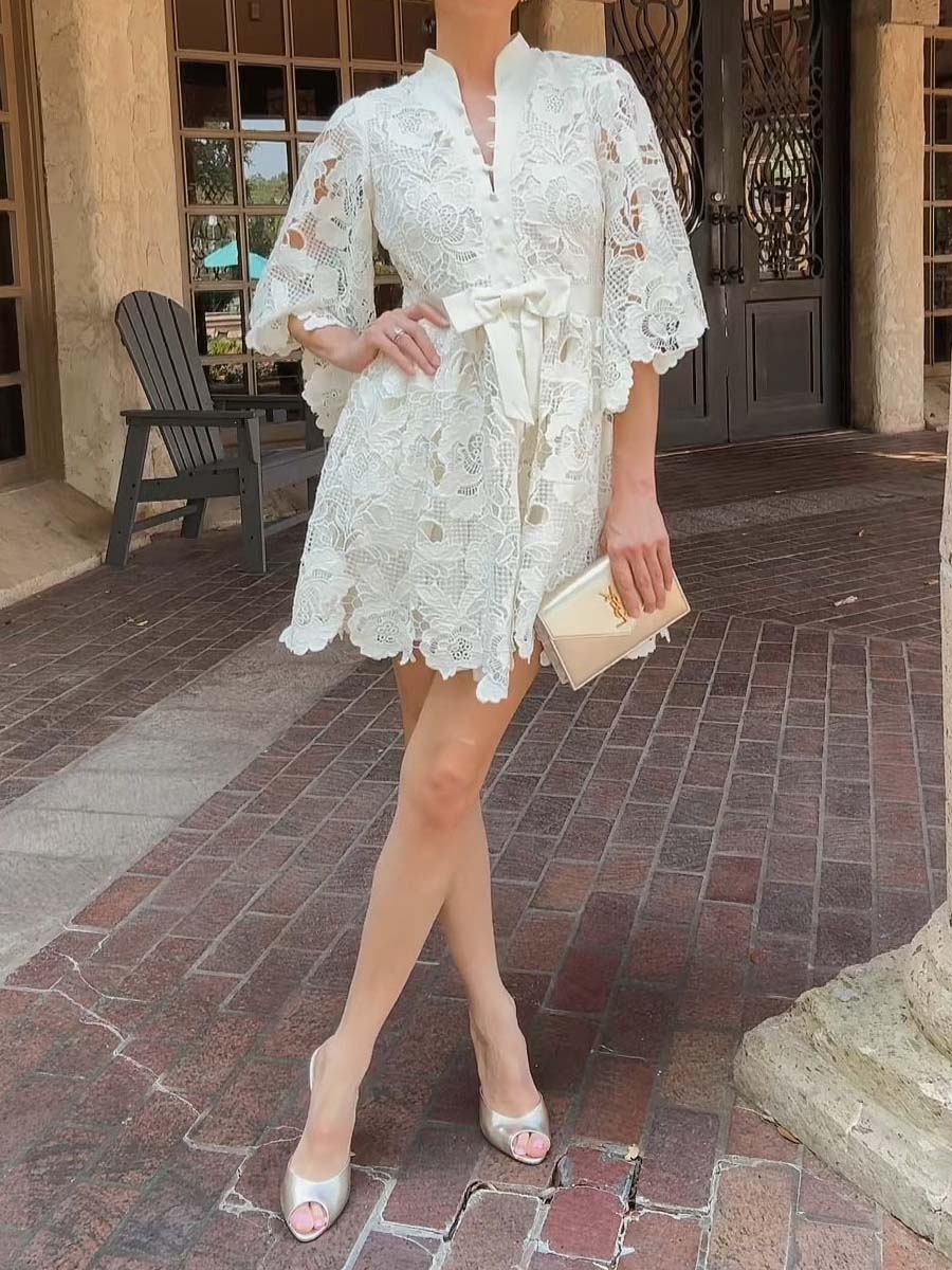 Elegant Lace Bow Mini Dress