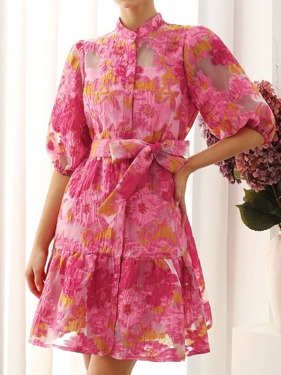 Floral Jacquard Puff Sleeves Organza Dress