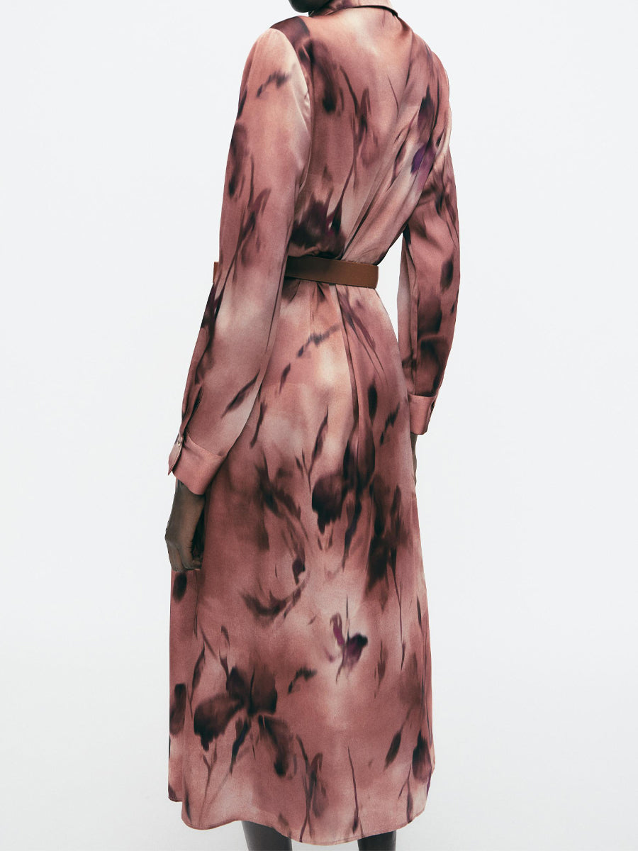 Printed Button Up Belted Midi Dress