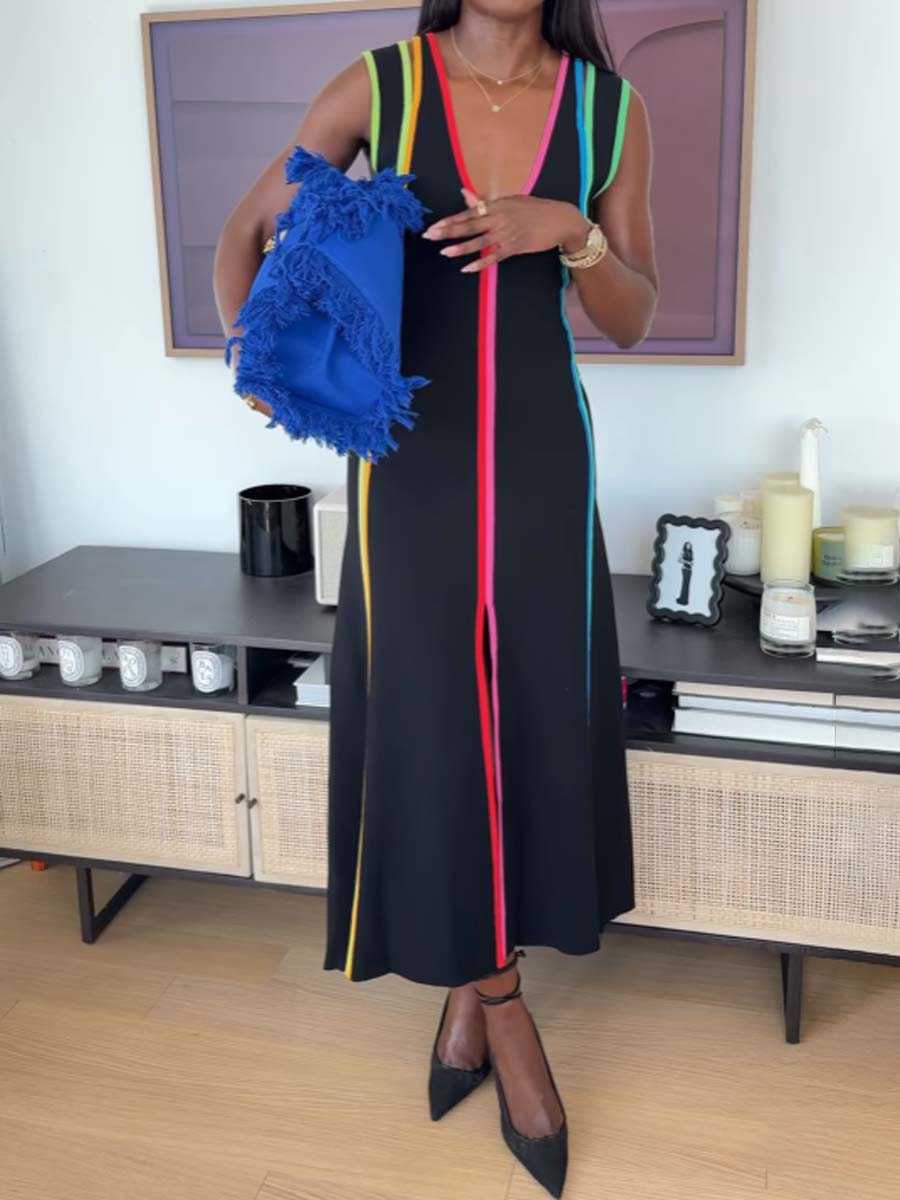 Deep V Neck Striped Stretch-knit Midi Dress