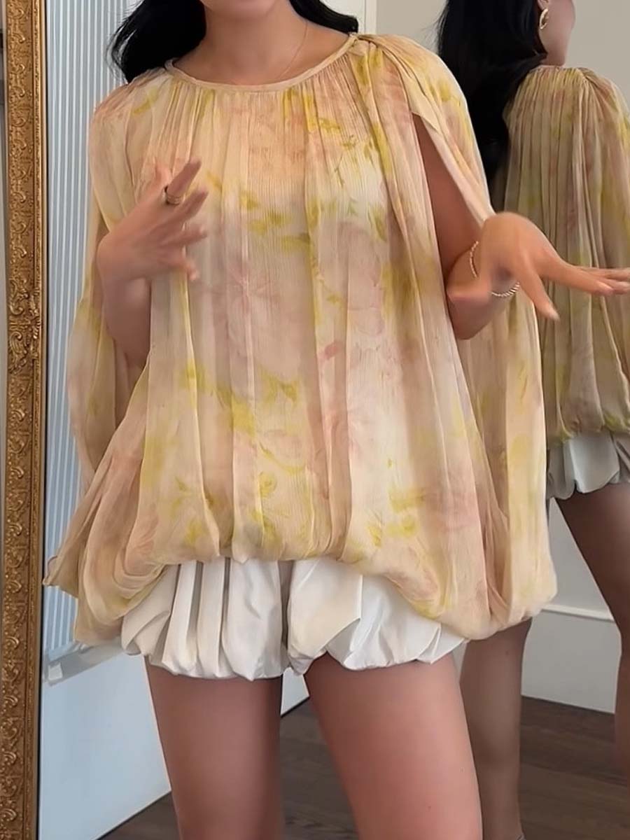 Puff Sleeve Asymmetric Hem Printed Shirt