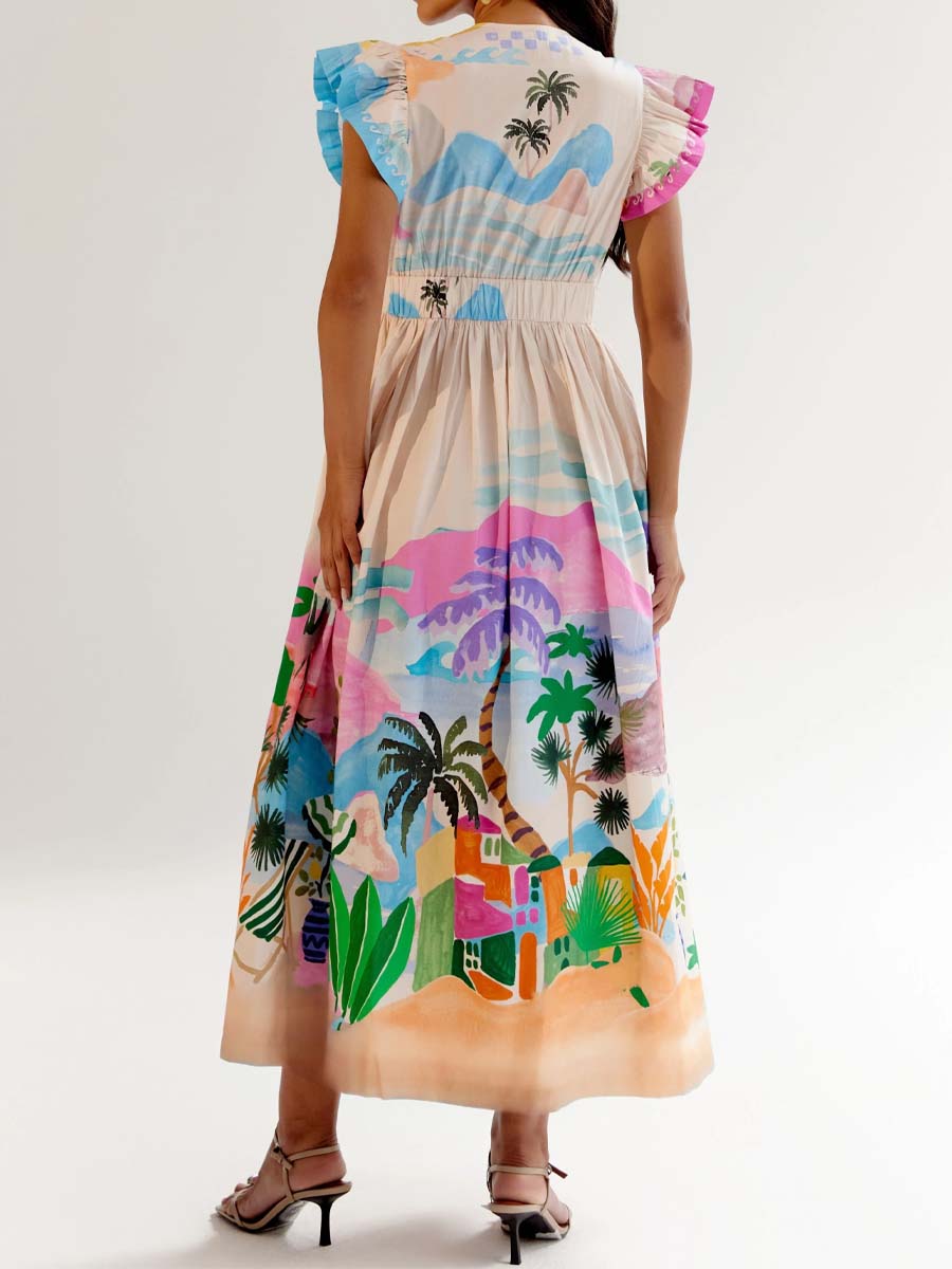 Deep V Neck Printed Maxi Dress