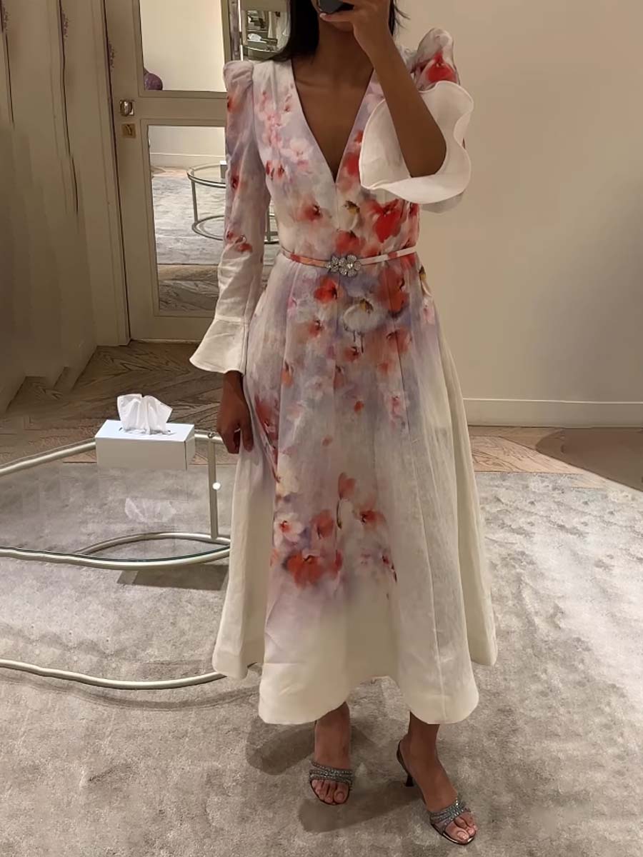 Floral Print Flare Sleeve Elegant Dress