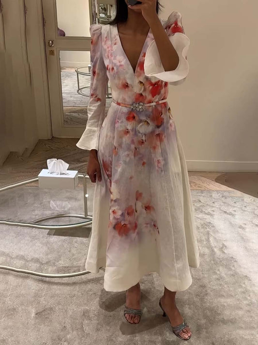 Floral Print Flare Sleeve Elegant Dress