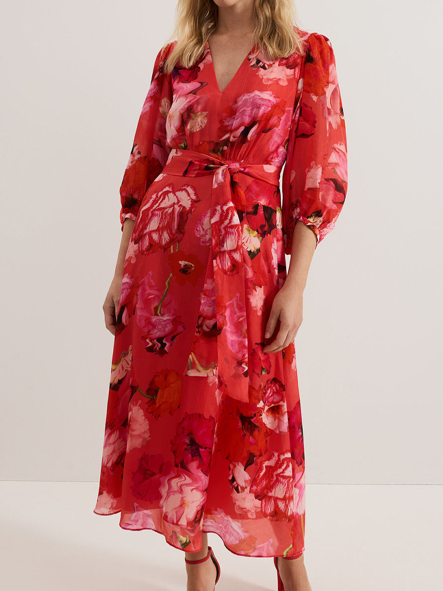 Printed V Neck Belted Midi Dress