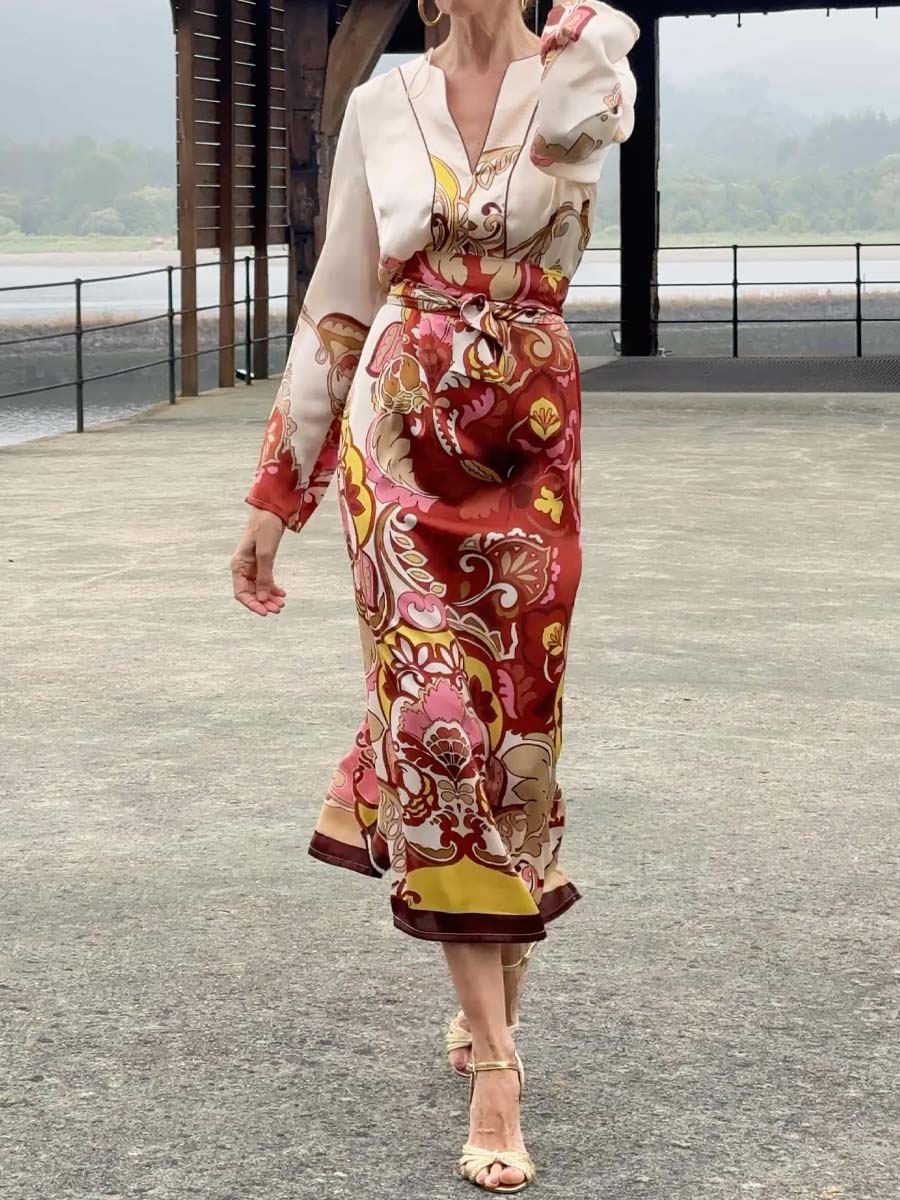 Split Neck Printed Belted Midi Dress