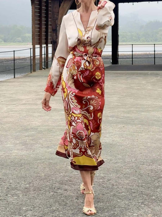 Split Neck Printed Belted Midi Dress