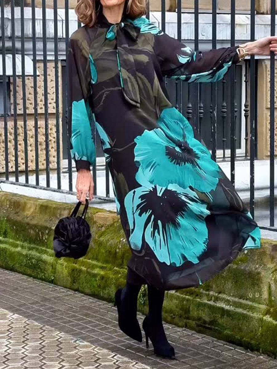 Stand-up Collar Printed Midi Dress