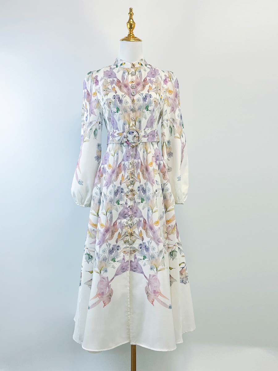 Single-breasted Placement Print Belted Dress