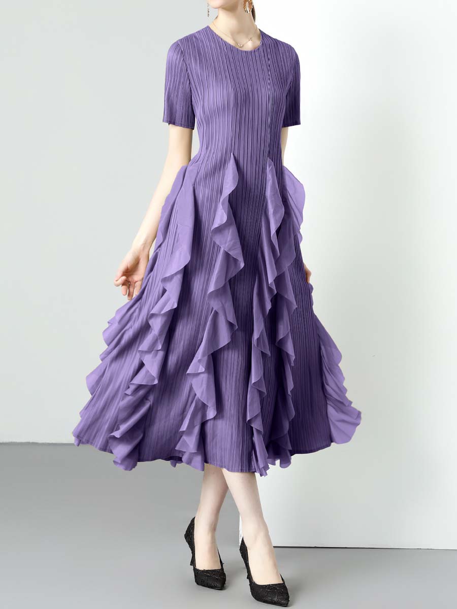 Ruffled Edges Round Neck High Waist Dress