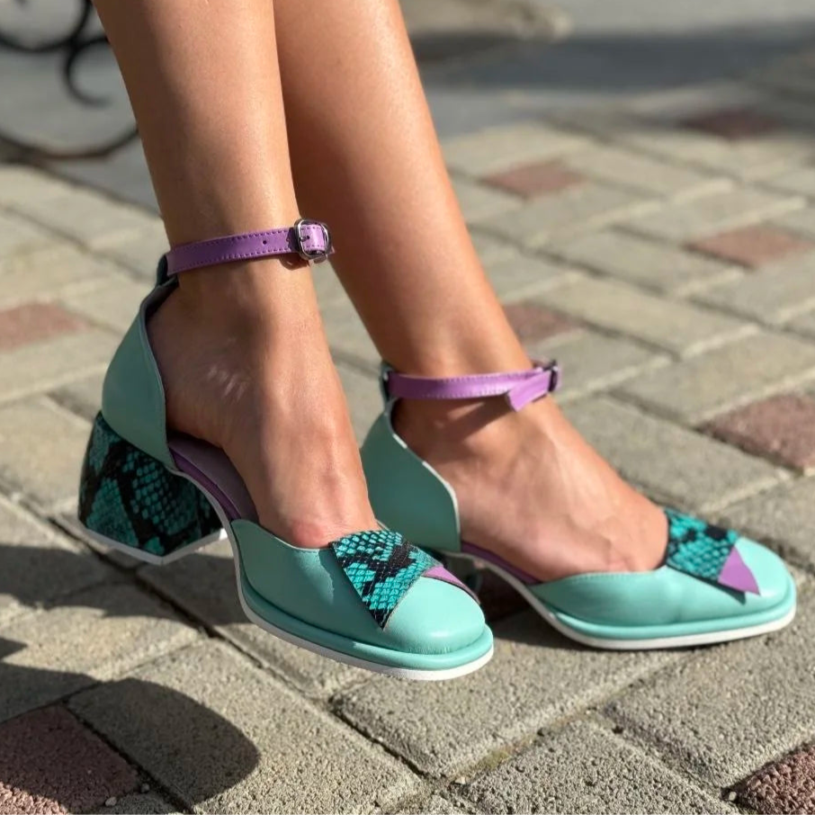 Color - Block Snakeskin - Accent Ankle - Strap Heels