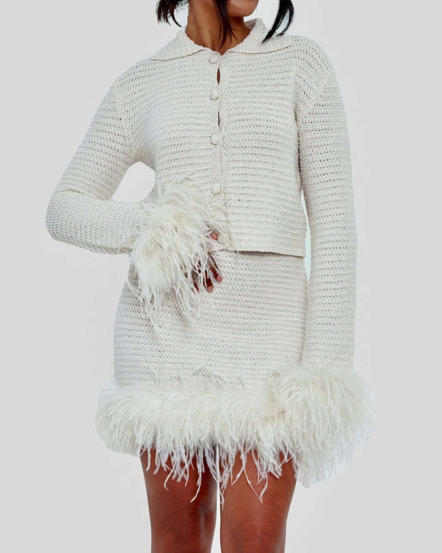 Feather - Trimmed Crochet Two - Piece Set