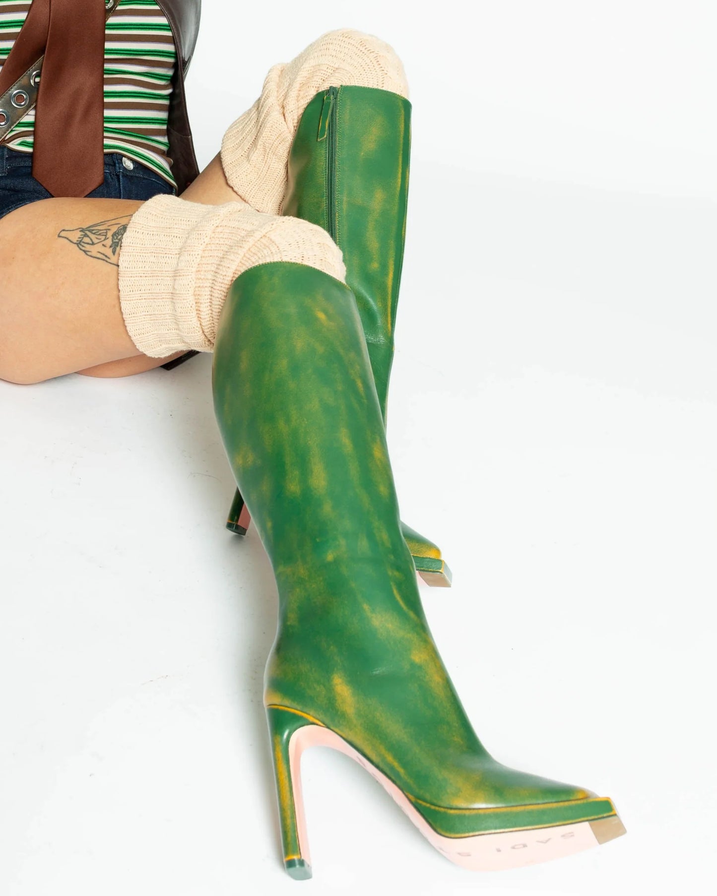Distressed Green Knee - High Boots