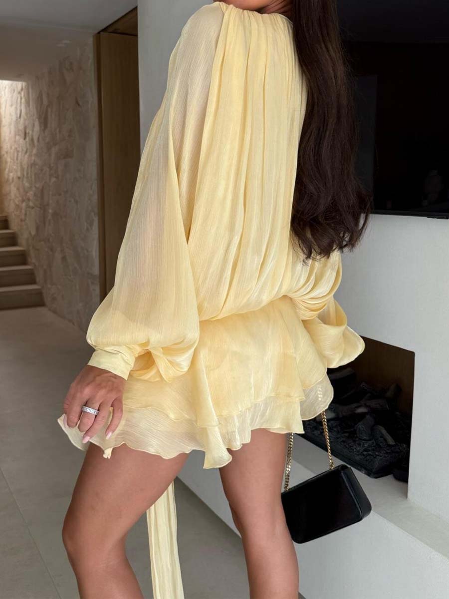 Bubble-sleeve Ruffled Two-piece Dress