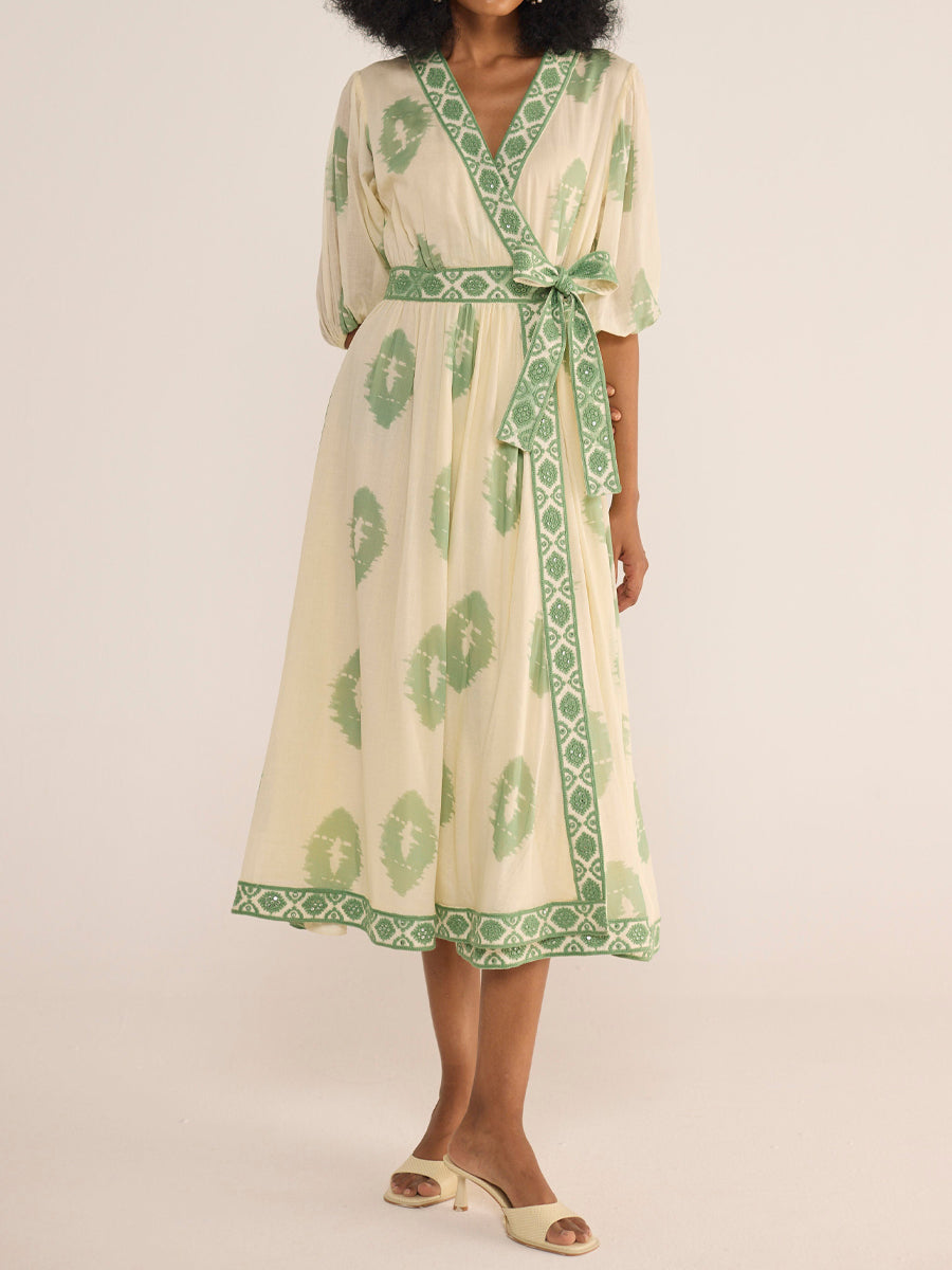 Printed Belted V Neck Wrap Dress