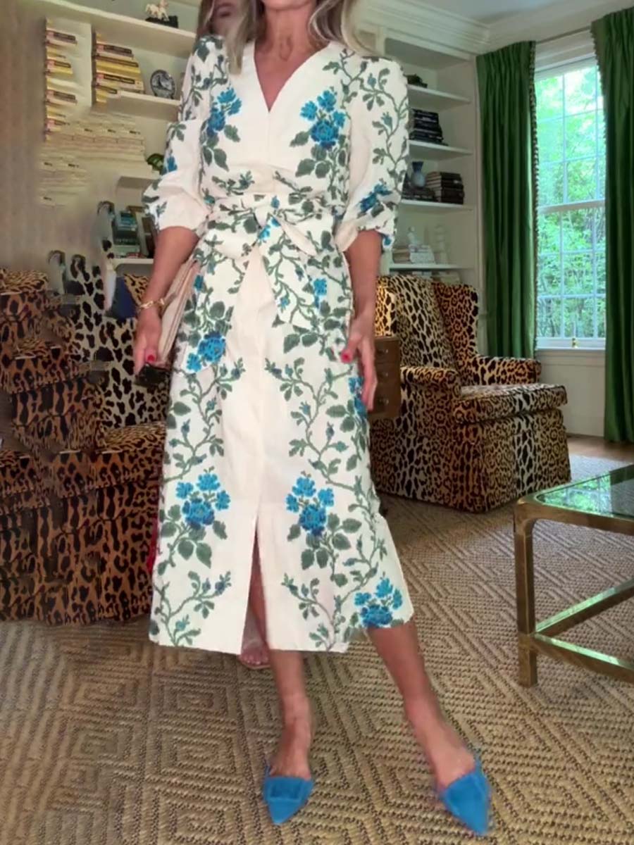 Printed V Neck Puff Sleeve Dress