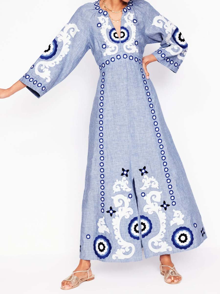 Split Neck Embroidered Maxi Dress