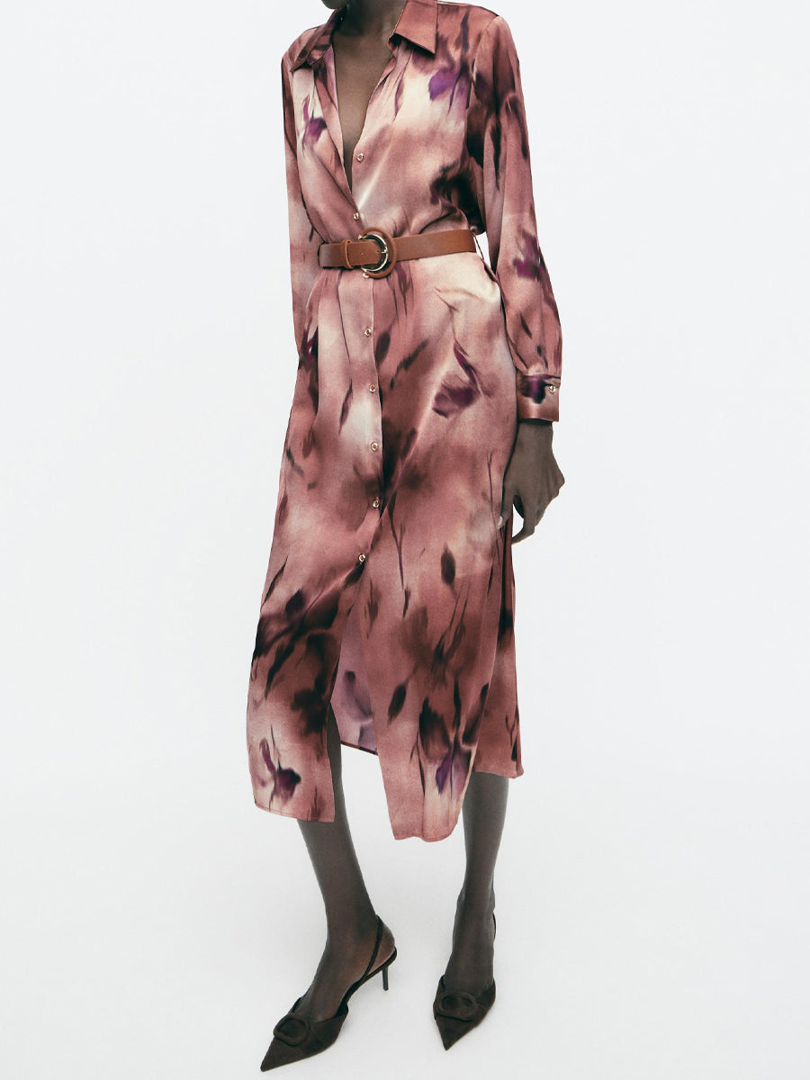 Printed Button Up Belted Midi Dress