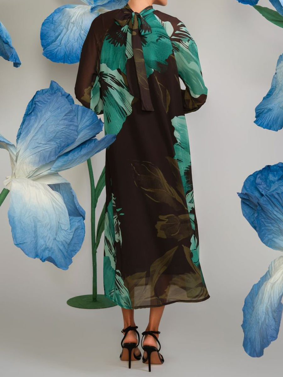 Stand-up Collar Printed Midi Dress