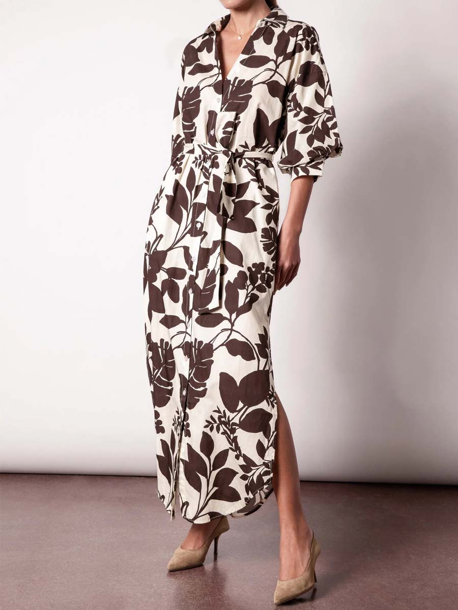 V Neck Slit Hem Printed Maxi Dress