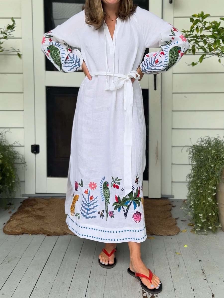 Embroidered V Neck Tassel Dress